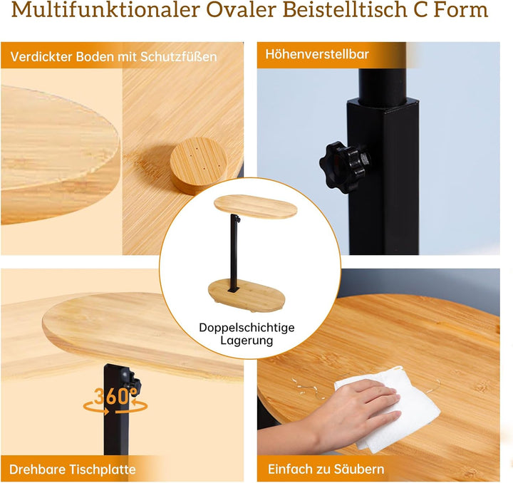 KUKKUME Beistelltisch C Form Höhenverstellbar Kleiner Tisch Bambusholz und Metall Couchtisch Sofatis