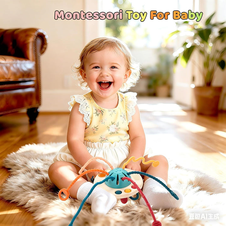 Montessori Baby Spielzeug ab 12 Monaten, 5-in-1 Sensorik Set mit Ziehspielzeug, Stapelringen & Rasse