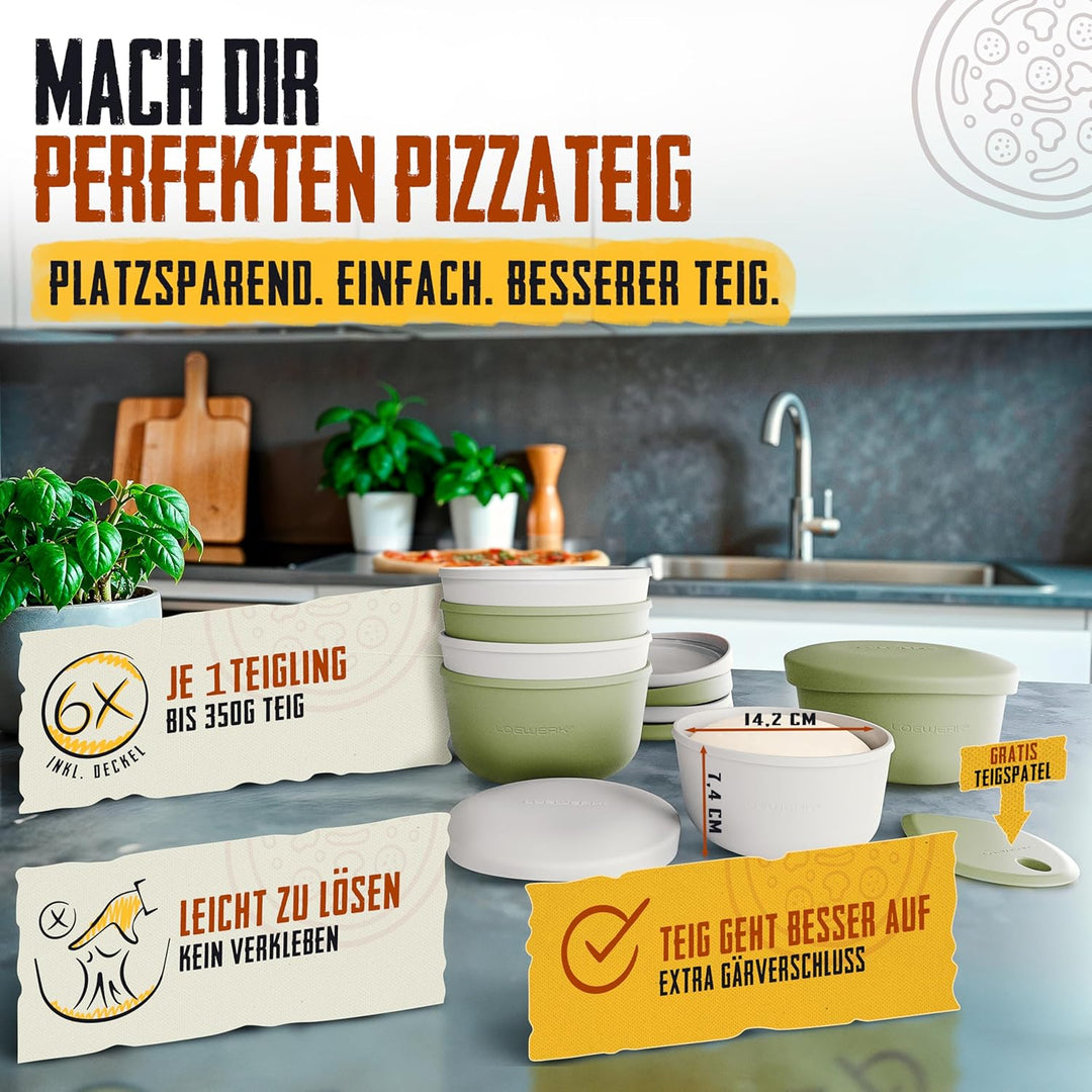 LOEWERK Pizzaballenbox mit Deckel [+ Teigspatel], 6er Set - Teiglinge leicht entnehmen - platzsparen