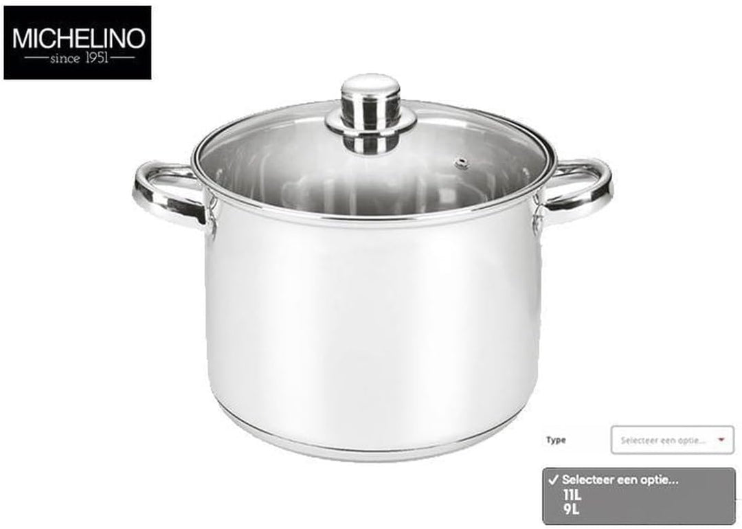 Michelino Edelstahl Kochtopf mit 3-schichtigem Alu-Thermoboden, Silber (8 Liter) 9 Liter, 9 Liter