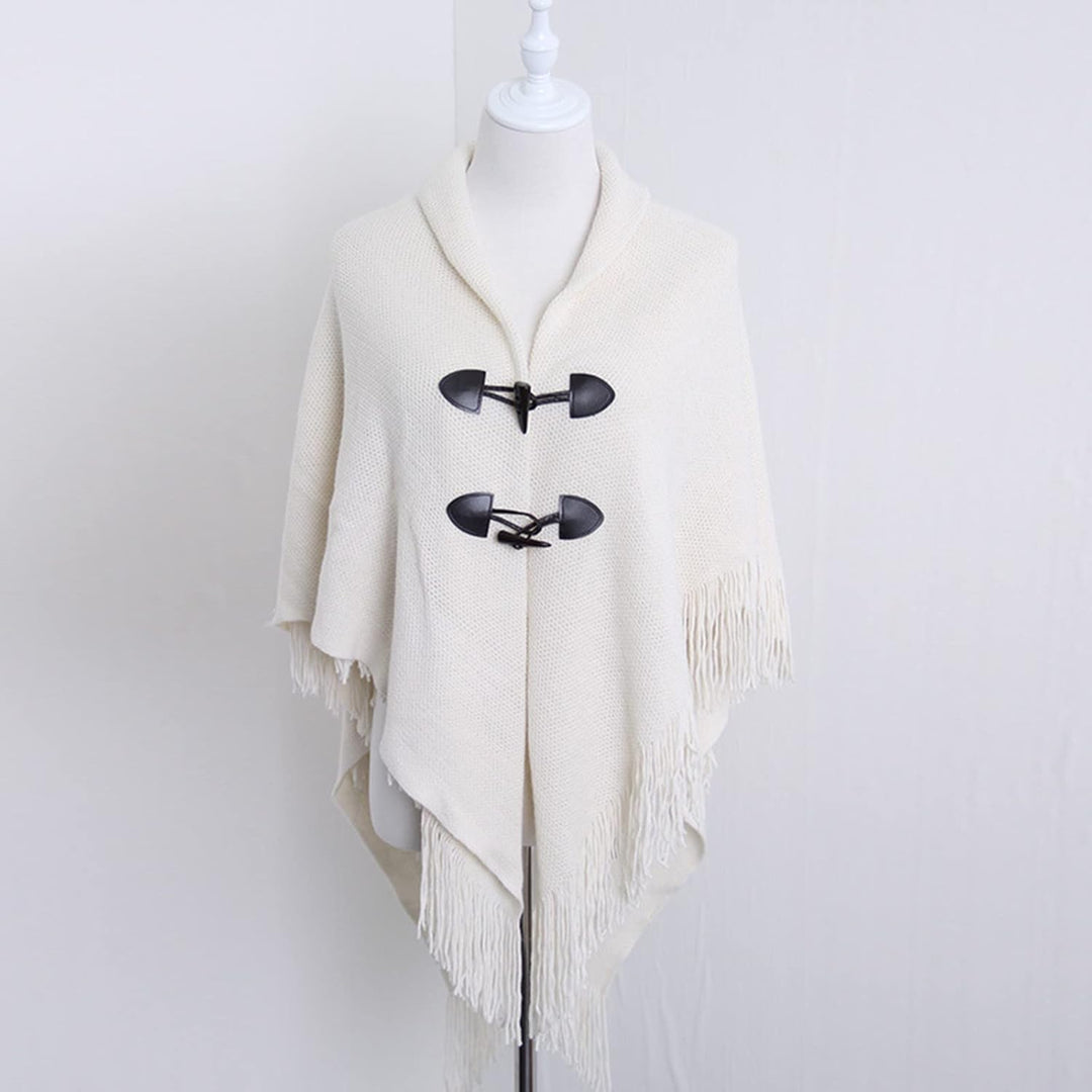 SUZALA Poncho Schal Wrap, Damen Elegant Strickschal Poncho mit Fransen Schnalle-hellbeige, Schnalle-