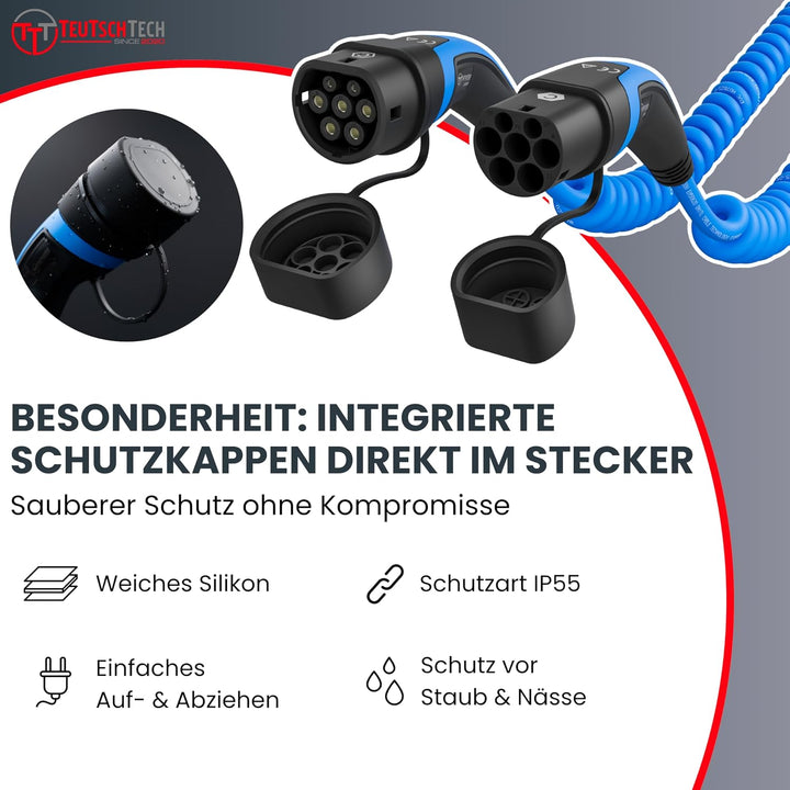 TEUTSCHTECH, EV Ladekabel Spiral I Blau I 9M I TYP2 auf TYP2 I 22kW I 3X32A I 3-phasig I Nutzbare Lä