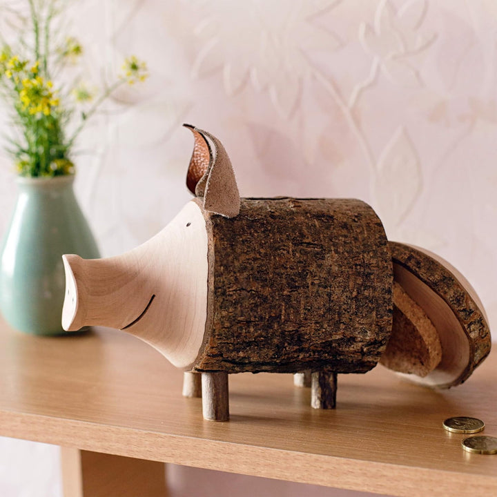 Sparschwein Rudi aus Astholz mit Rinde - Spardose aus Holz - kreative Geldgeschenk