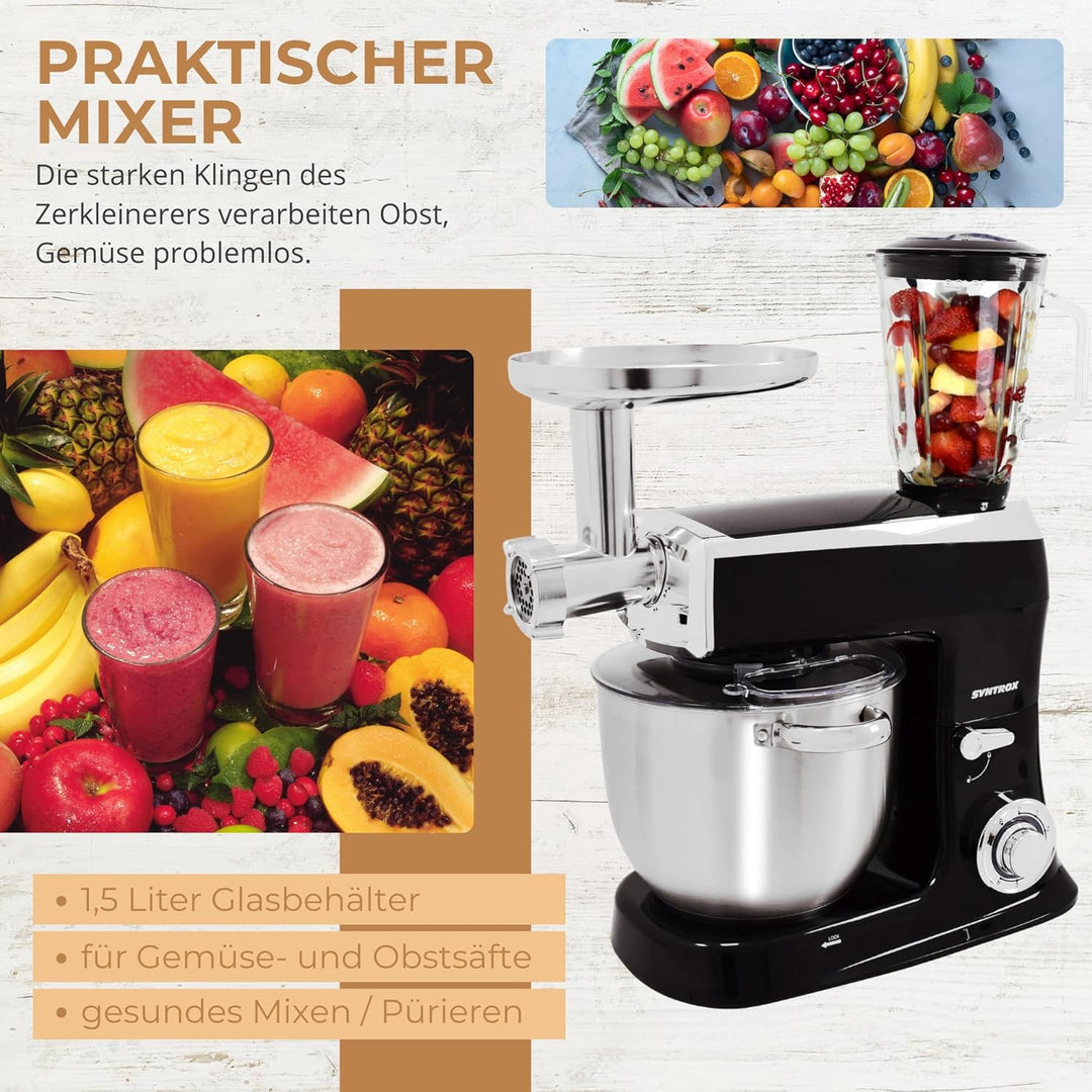 Syntrox Schwarz Küchenmaschine Wasas Mixen & Zerkleinern 7,5 Liter, Mixer und Fleischwolf in einem,
