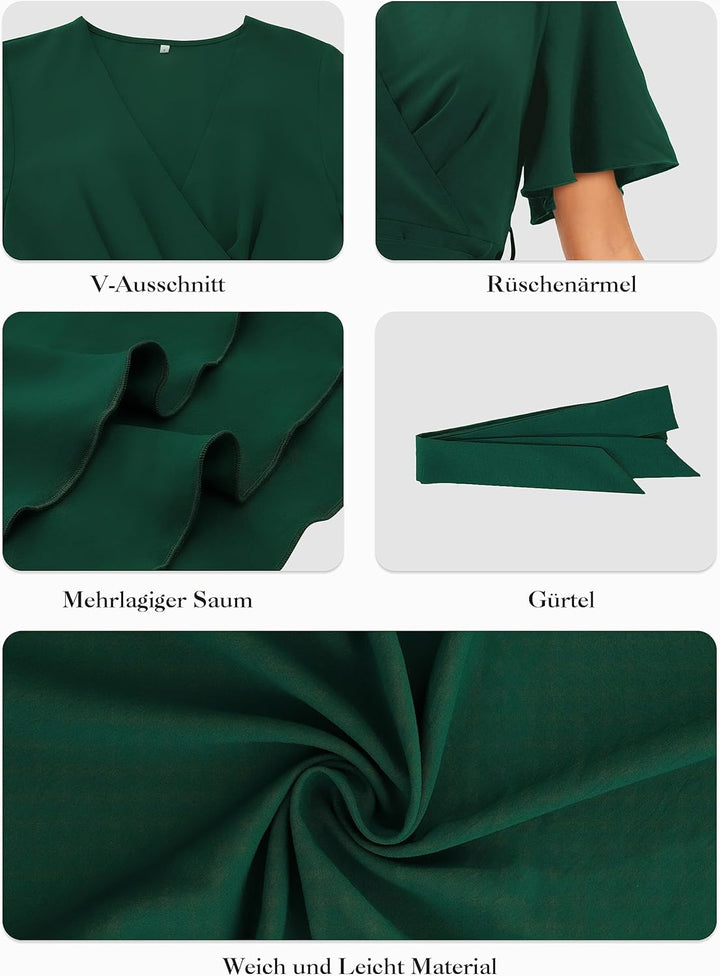 Beluring Damen Kleid Kurzarm Casual V-Ausschnitt Tunika Kleider Minikleid Wickelkleid XL Dunkelblau,