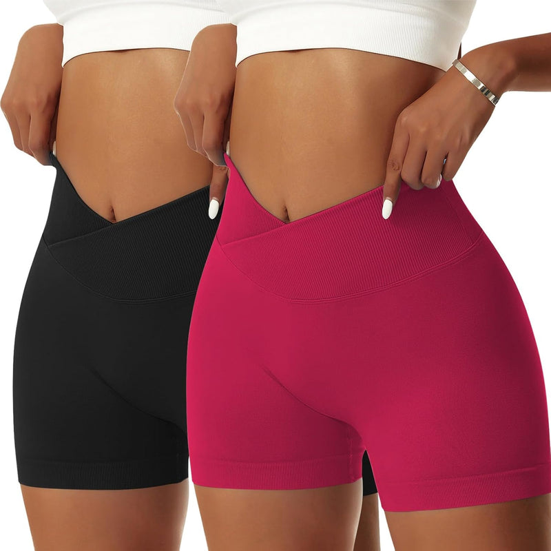 Vertvie Damen 2er Pack Gym Shorts V Cross Stretch Push Up Yoga Shorts Booty Scrunch Fitness Hosen Ku