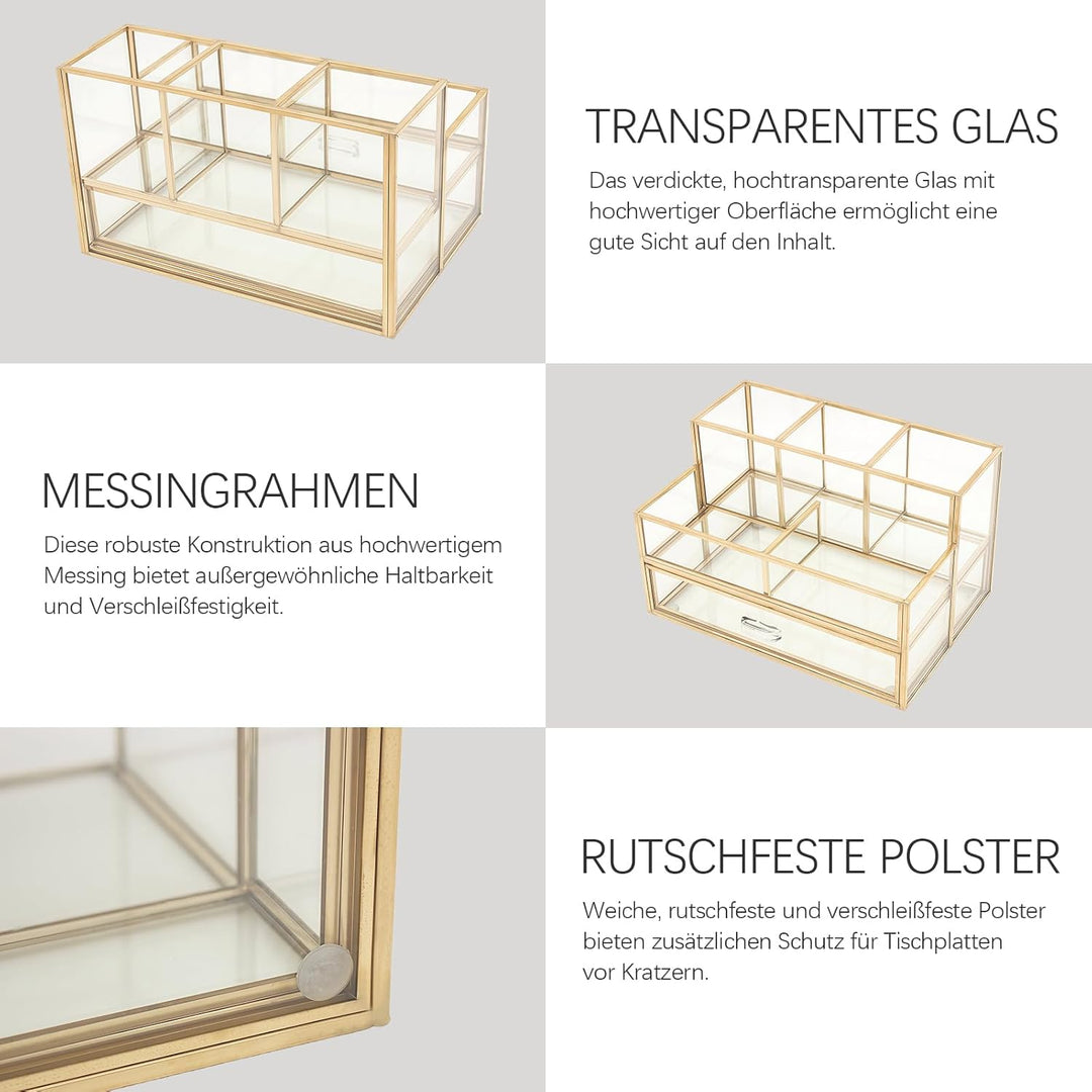 HARLIANGXY Kosmetik Organizer mit schubladen, Make up Organizer Gold, Make up Pinselhalter Glas, Bea