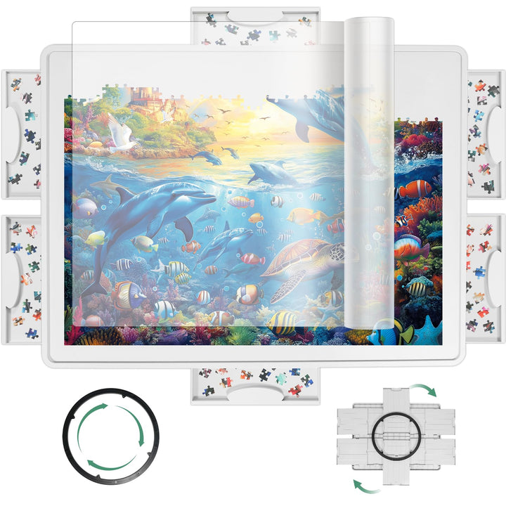 Leichtes 1500-Teile Drehbares Puzzlebrett mit 6 Schubladen & Schutzabdeckung, 360° Lazy-Susan-Design