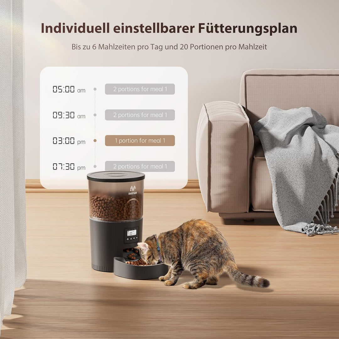 IMIPAW Futterautomat Katze, Katzenfutter Automat mit Programmierbarem Timer, Einfache Bedienung, 1-6