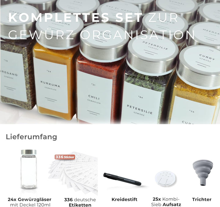 Gewürzgläser Set | hochwertiges Komplettset aus 24x Gewürz Gläser [120ml] inkl. 336 deutschen Gewürz