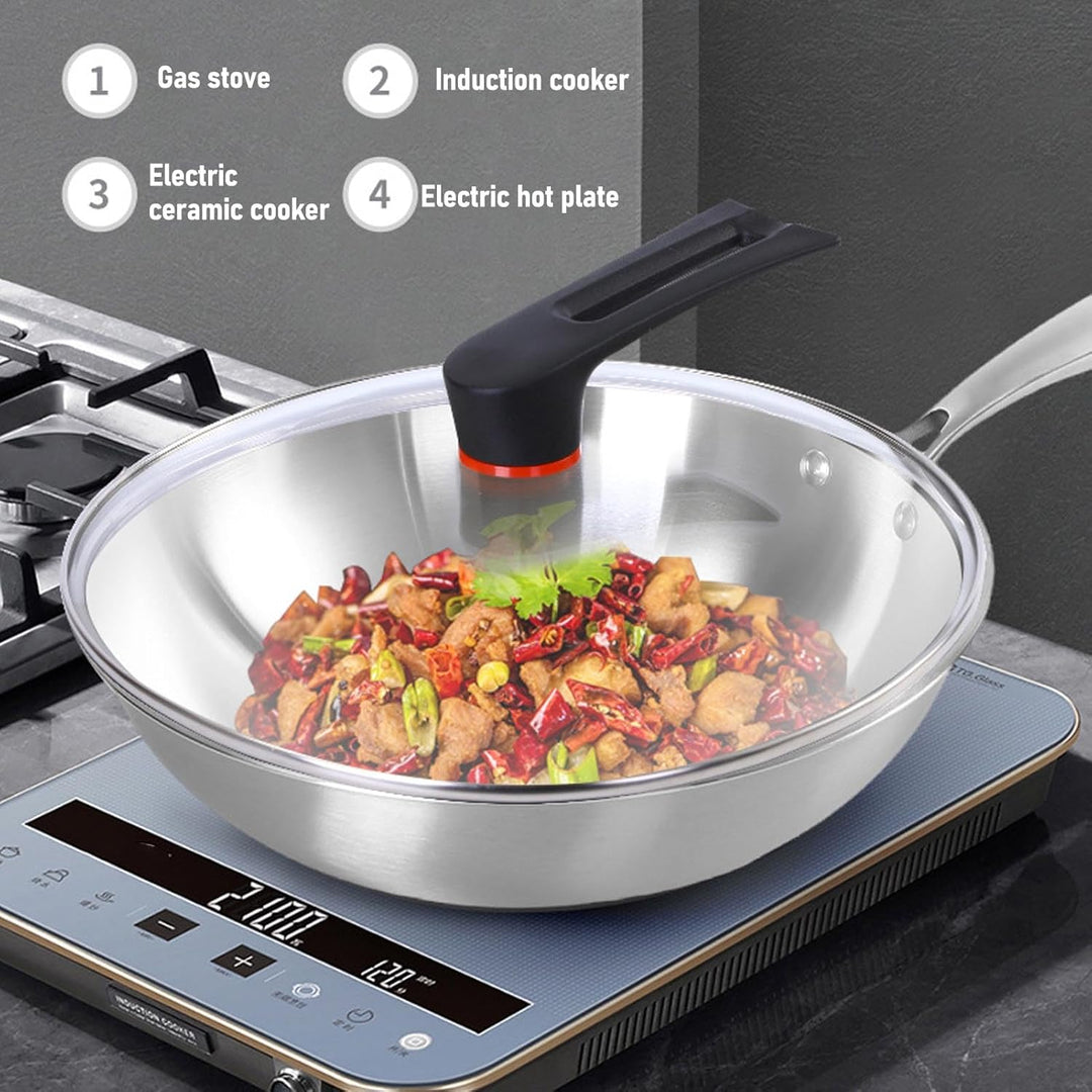 Denash Chinesische Wok -Pfanne 304 Edelstahl Nicht -Stick -Rührpfanne mit Griff, für Induktions -Ele