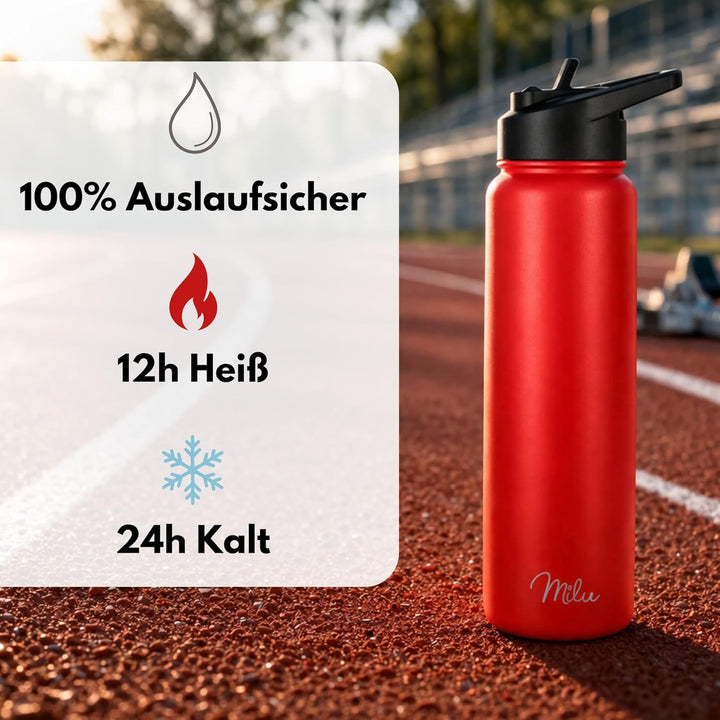Milu Edelstahl Trinkflasche 500ml, 750ml, 1000ml (+3 Deckel) - Thermosflasche mit Strohhalm, Isolier