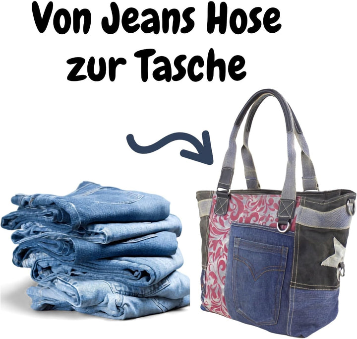 Sunsa Damen Handtasche. Grosse Nachhaltige Schultertasche aus Recycelte Jeans Canvas &amp; Leder. A4 gee