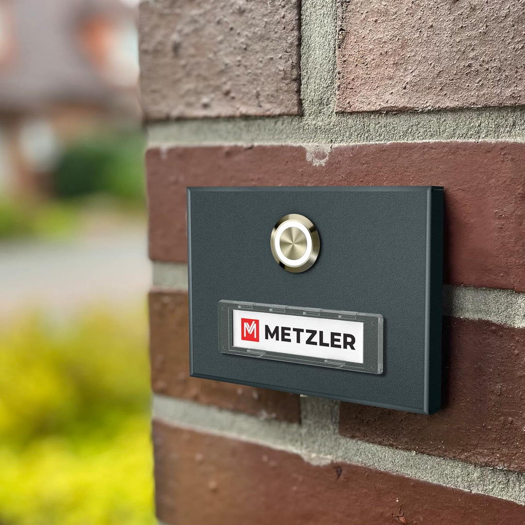 Metzler Aufputz Türklingel in Anthrazit - Klingel aus Edelstahl mit austauschbarem Namensschild - Pu