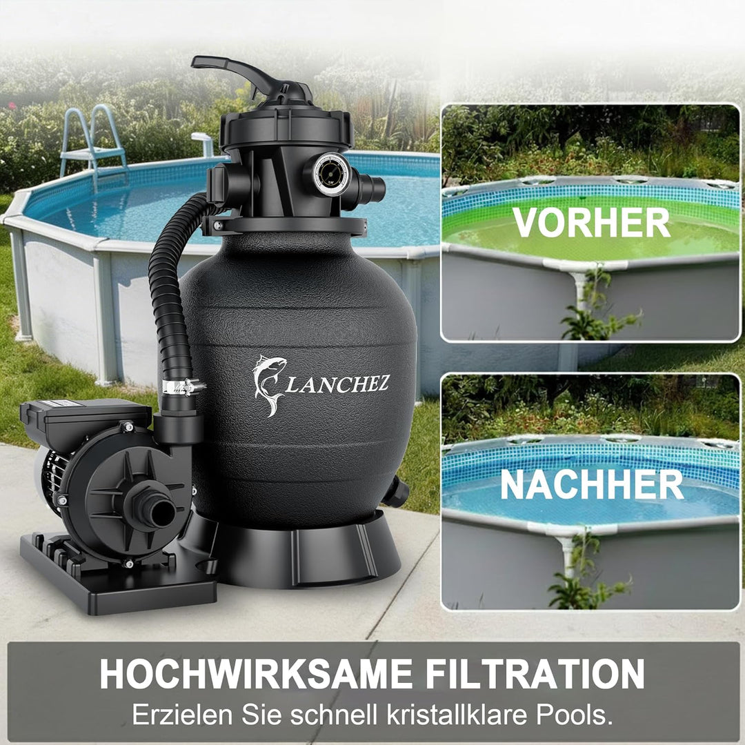 LANCHEZ Sandfilteranlage 11.500 L/h, 7-Wege-Ventil, 24h Zeitschaltuhr, 200g Filterbälle, Sandfilterk