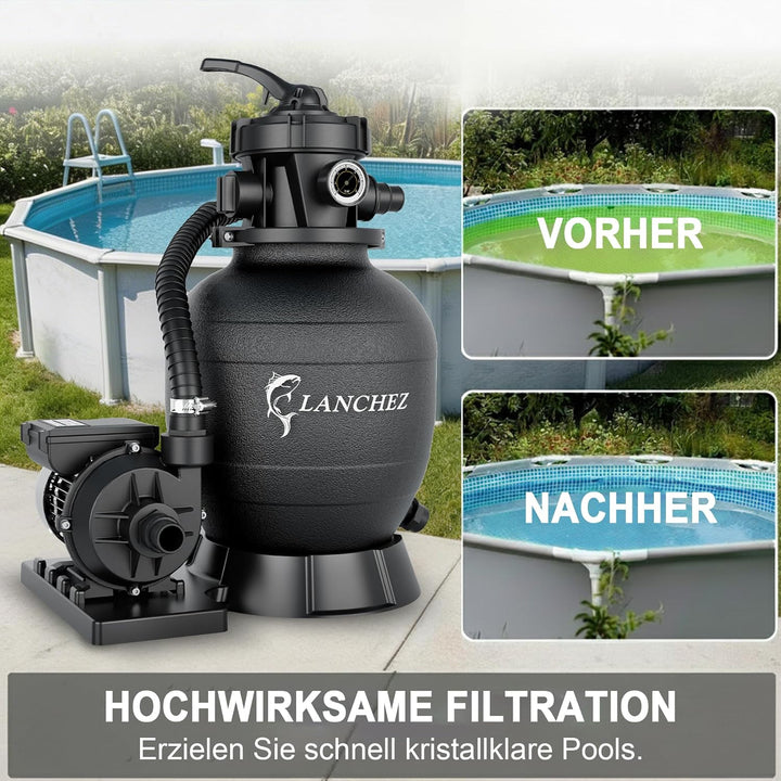 LANCHEZ Sandfilteranlage 11.500 L/h, 7-Wege-Ventil, 24h Zeitschaltuhr, 200g Filterbälle, Sandfilterk