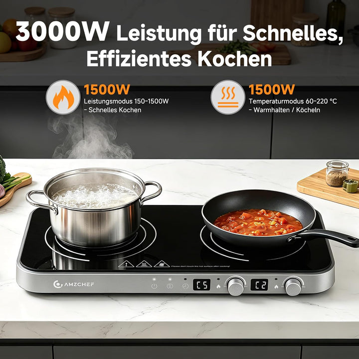 AMZCHEF 3000W Induktionskochfeld 2 Platten, Tragbares Doppelinduktionskochplatte mit Abnehmbarer Gri