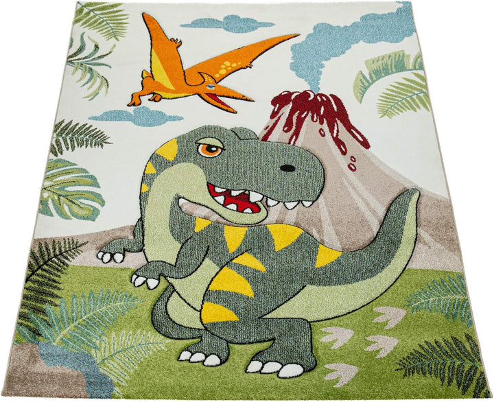 Paco Home Kinderzimmer Teppich Grün Dinosaurier Dschungel Vulkan 3-D Effekt Kurzflor, Grösse:Ø 120 c
