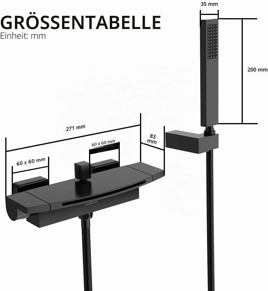 HOMELODY Schwarz Badewannenarmatur Wasserfall Armatur Badewanne Mischbatterie mit Brause Wannenarmat