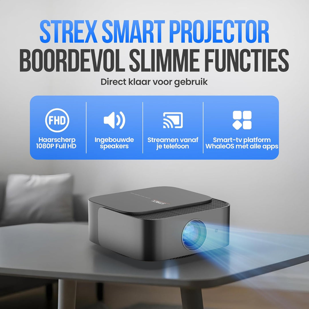 Strex Beamer - Smart 1080P Full HD Projektor - 4K Unterstützung - WiFi & Bluetooth - Eingebaute Laut