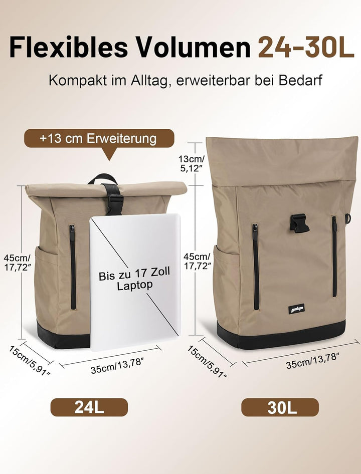 Rucksack Damen & Herren, 24-30L Rolltop Rucksack Laptoprucksack mit 17 Zoll Laptopfach & USB Anschlu