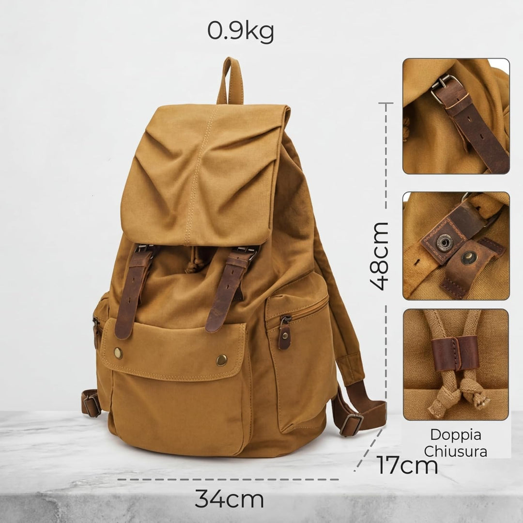 DremFreo Rucksack Canvas Vintage mit Leder Zubehör Daypack Passend für 14 Zoll Laptop Khaki, Khaki