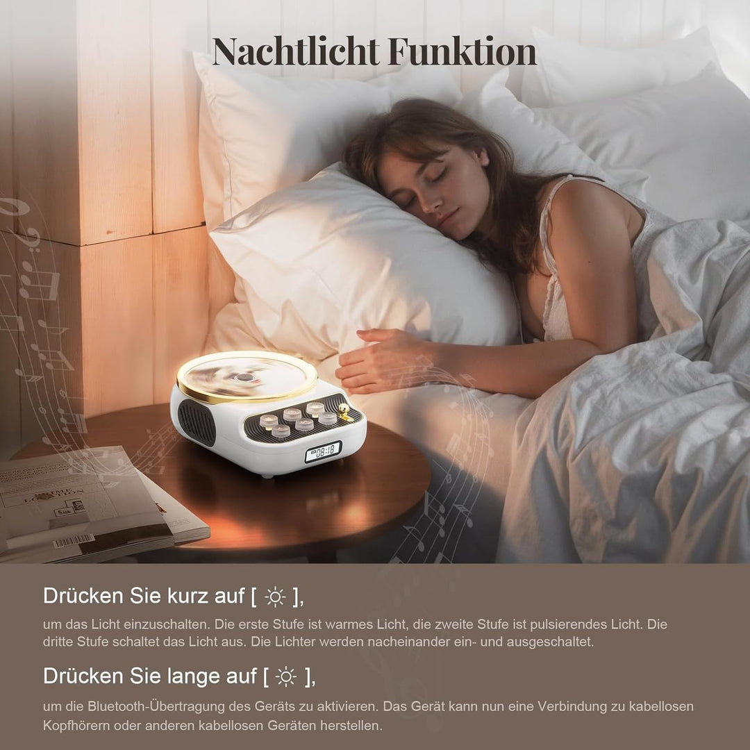 Retro CD Player Tragbar mit Bluetooth 5.3 Lautsprecher HiFi Sound Nachtlicht Staubschutz LED-Bildsch