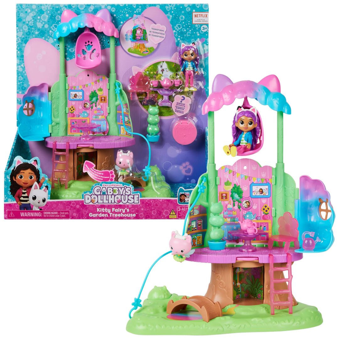Gabby‘s Dollhouse, Kitty Fees Garten Spielset, verwandelbares Baumhaus mit Lichtern, Gabby & Katzen