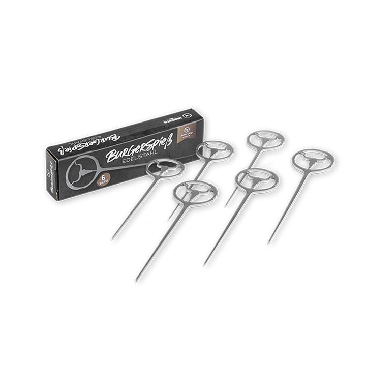 MOESTA-BBQ 10402 - BurgerSpiess 6er Set Silber aus 100% Edelstahl – Servier-Spiess für Hamburger, Hä