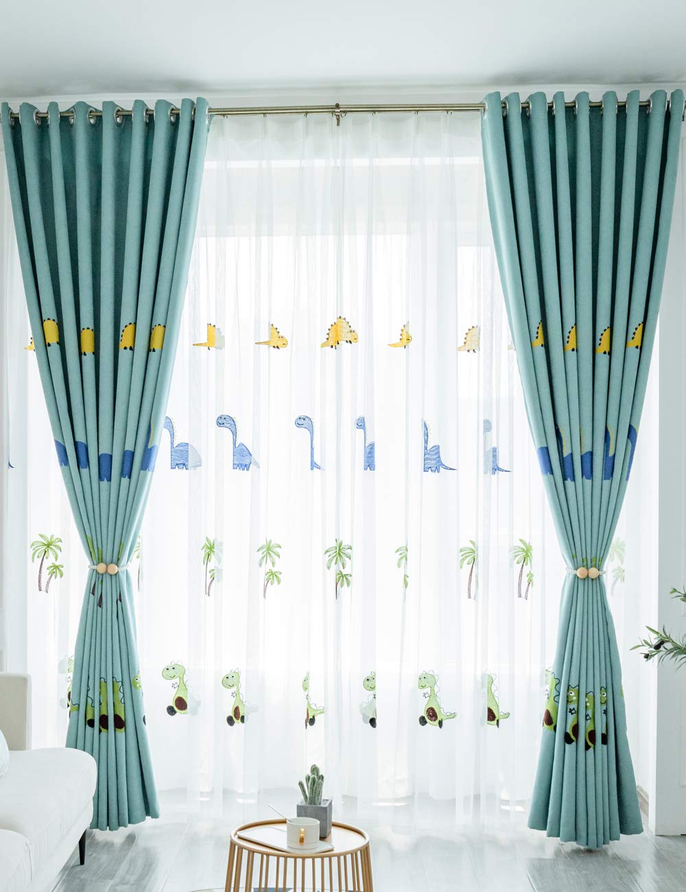 Lactraum Vorhänge Kinderzimmer Babyzimmer mit Ösen Bestickt Dinosaurier Kokosnussbaum (Voile, 300 x