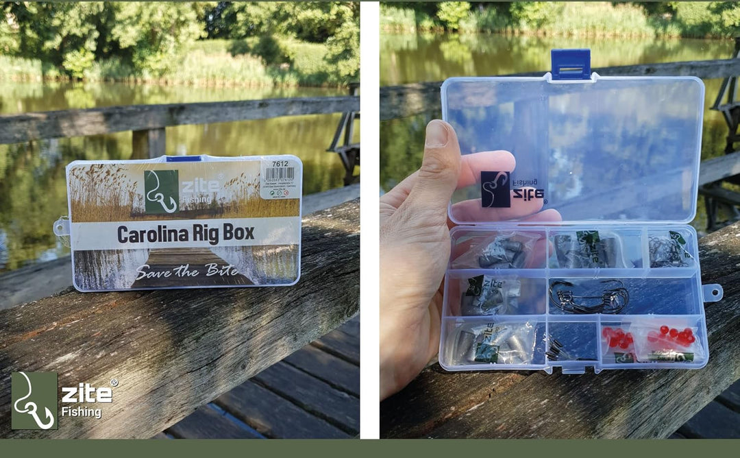 Zite Fishing Carolina/Texas Rig Set - Drop Shot Box mit Offset Haken Glasperlen Bullet Blei 5-14g -