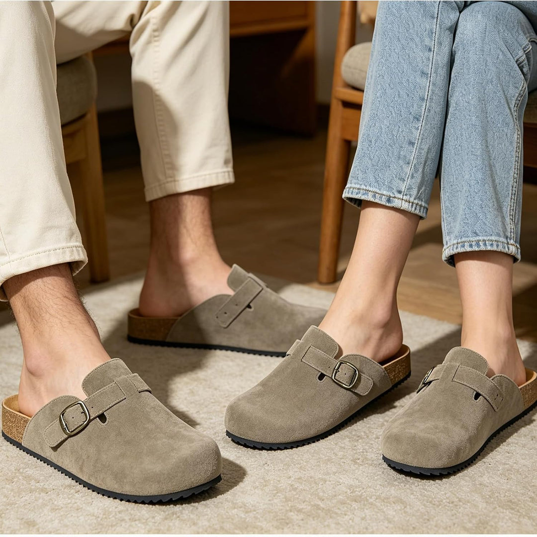 Intini Clogs Damen Herren Hausschuhe mit Fussbett Leder Pantoletten Gartenschuhe Geschlossene Bequem