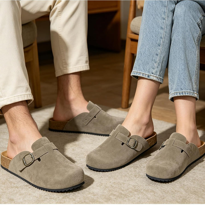 Intini Clogs Damen Herren Hausschuhe mit Fussbett Leder Pantoletten Gartenschuhe Geschlossene Bequem