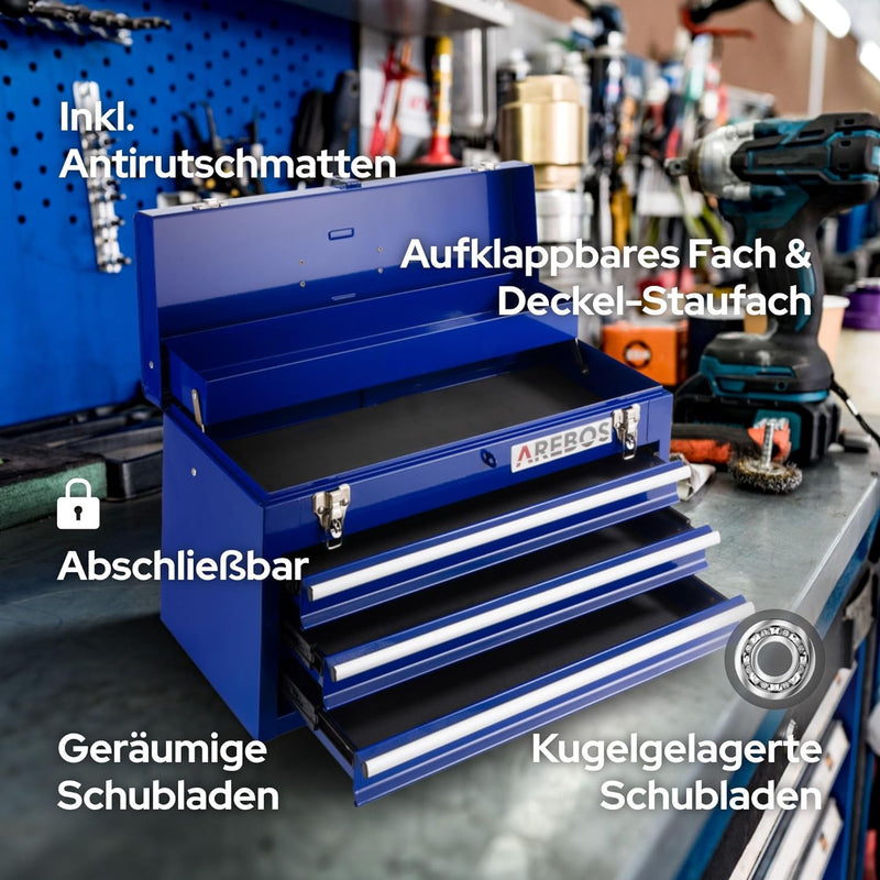 Arebos Werkzeugkoffer mit 3 Schubladen & 2 Ablagefächern | inkl. Tragegriff & Schnappverschlüssen |