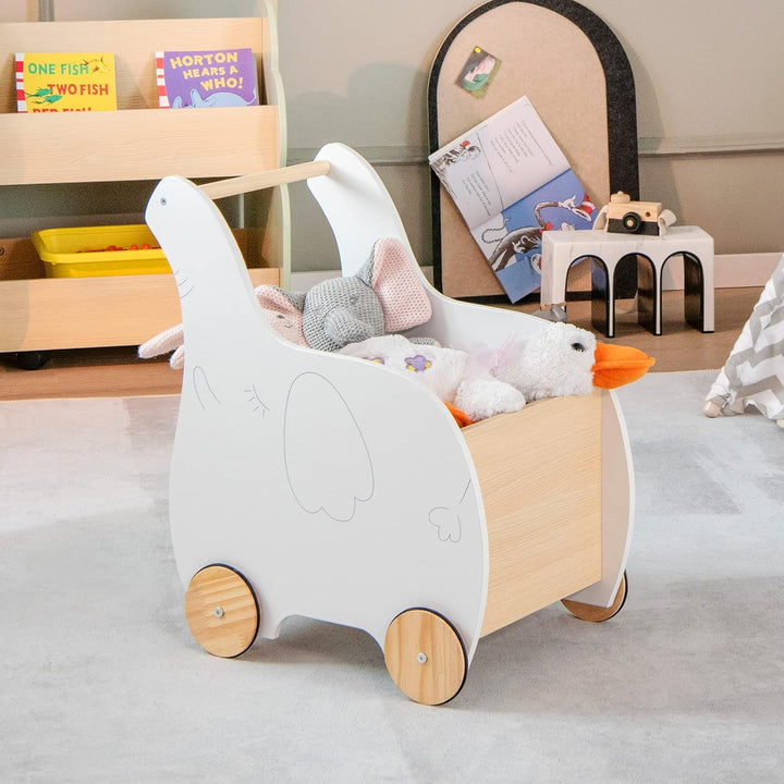 GOPLUS Kinder Lauflernwagen mit Spielzeugkiste, Baby Elefant Lauflernhilfe aus Holz mit rutschfesten