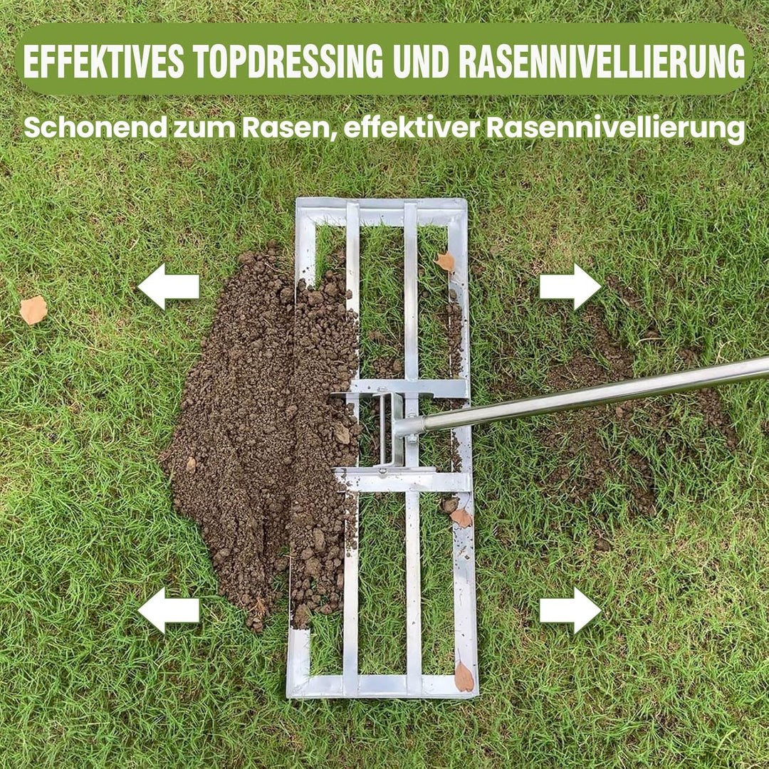 Rasen Rakel Edelstahl 72x25 cm Rakel Rasen nivellierrechen mit 2.15 Meter Verstellbarer Stiel für Ho