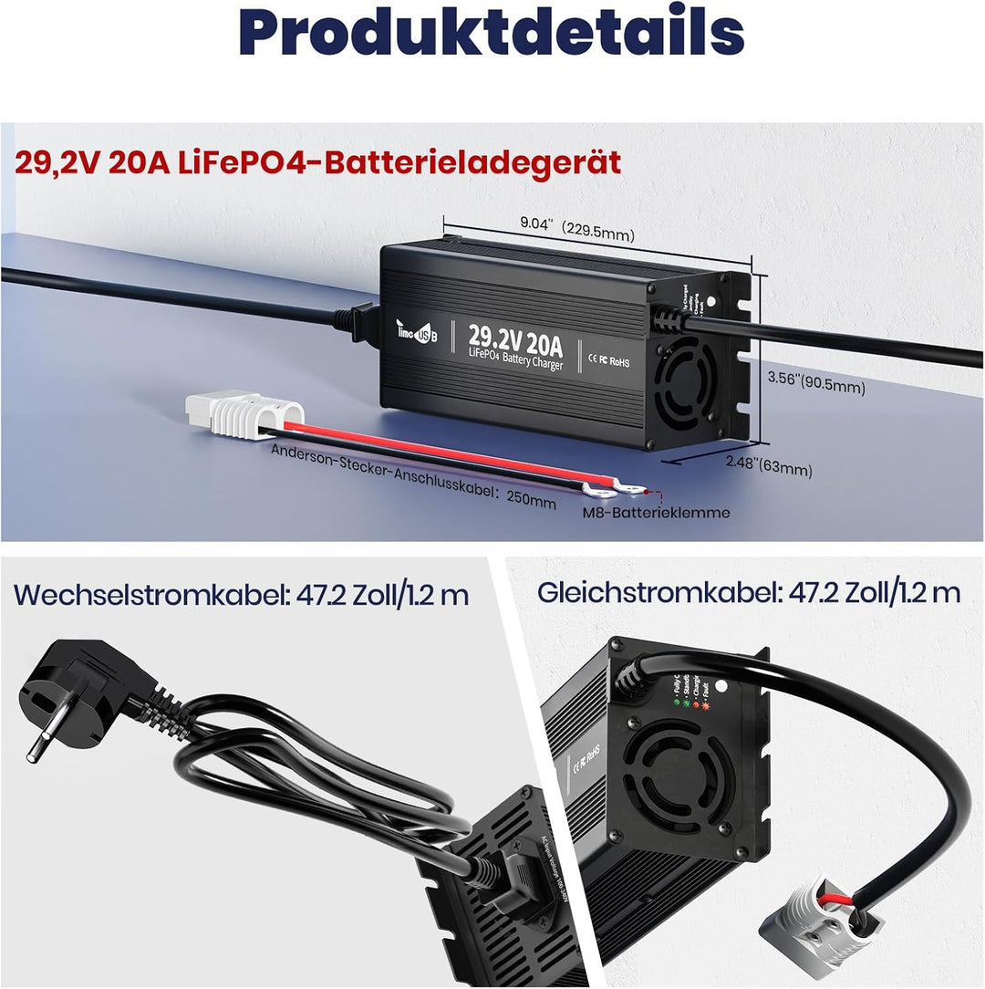 Timeusb 29,2V 20A LiFePO4 Ladegerät Batterieladegerät 24V Lithium Akku Ladegerät, Vorlade- und 0V-La