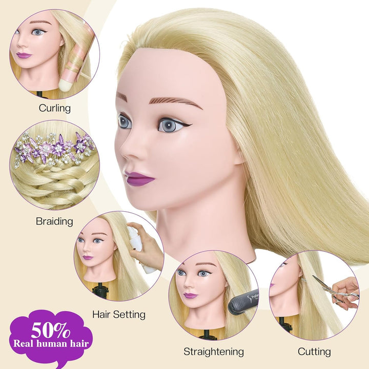 Frisierkopf 50% Echthaar Übungskopf Frisierkopf Puppenkopf zum Frisieren Trainingsköpfe für Friseure