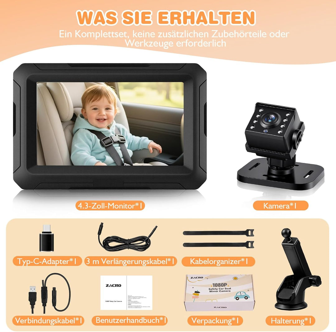 Zacro Baby Kamera Auto, Spiegel Auto Baby Rückbank 1080P, USB-C Plug-and-Play, Baby Autospiege mit H