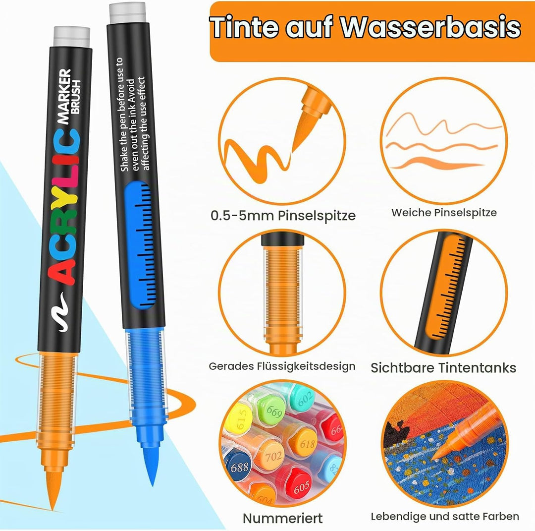 Efimeso 360 Farben Acrylstifte für Steine Wasserfest,Pinselmalstifte auf Wasserbasis Acrylic Paint M