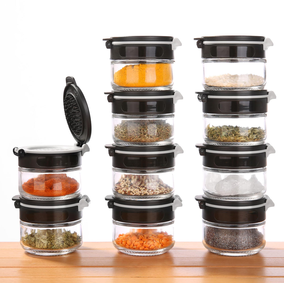 your GEAR Gewürzstreuer Double-Flip - 10 Gewürzdosen à 85 ml aus Glas, selbstreinigender Streueinsat