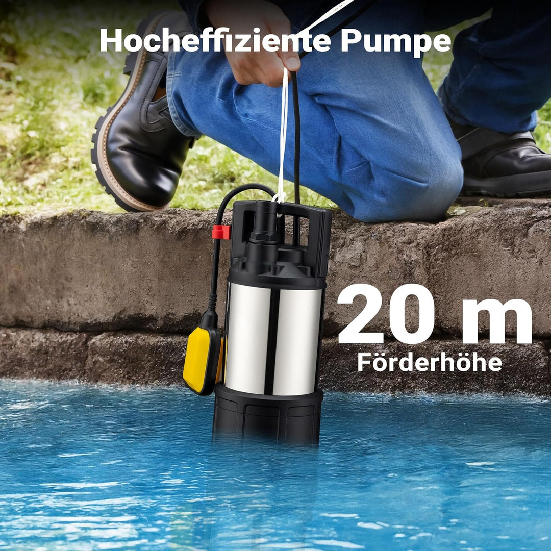 Wiltec Tauchpumpe mit Schwimmerschalter 1000 W, Tiefbrunnenpumpe bis 7 m Tiefe, Brunnenpumpe 30 m Fö
