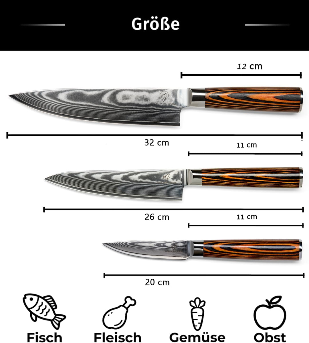 Wolfblood Damastmesser-Set 3er (32cm, 26cm und 20cm) Profi-Damast-Küchenmesser Set aus 67 Lagen Dama