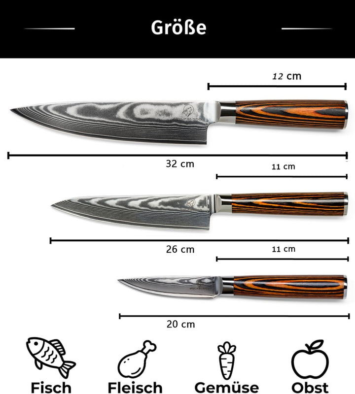 Wolfblood Damastmesser-Set 3er (32cm, 26cm und 20cm) Profi-Damast-Küchenmesser Set aus 67 Lagen Dama