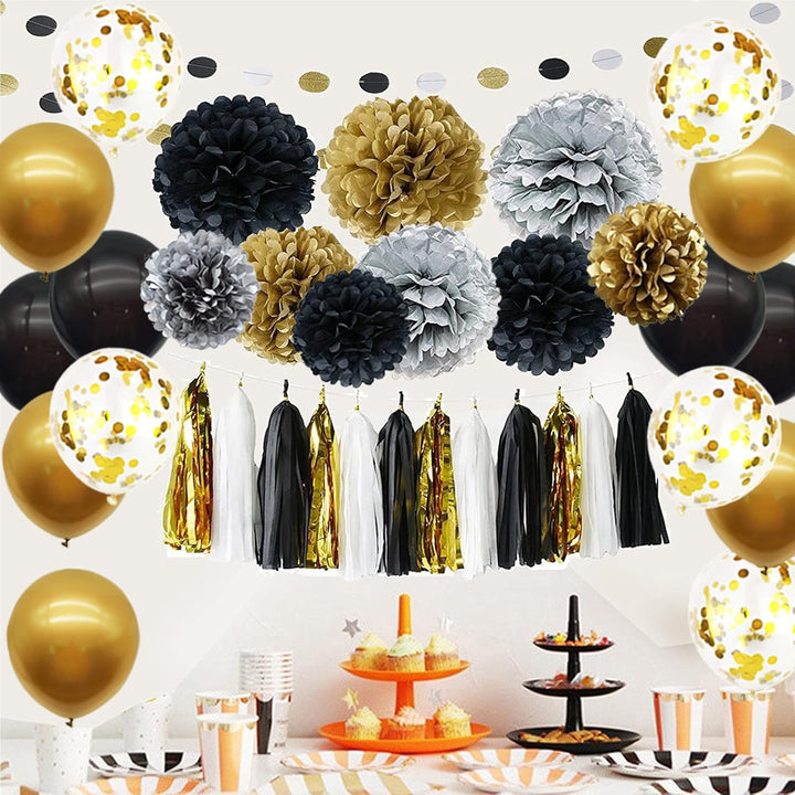 Party Dekoration Set, 57 Stück Schwarz Gold Party Deko, Luftballons, DIY Party Papier Pompoms Blumen