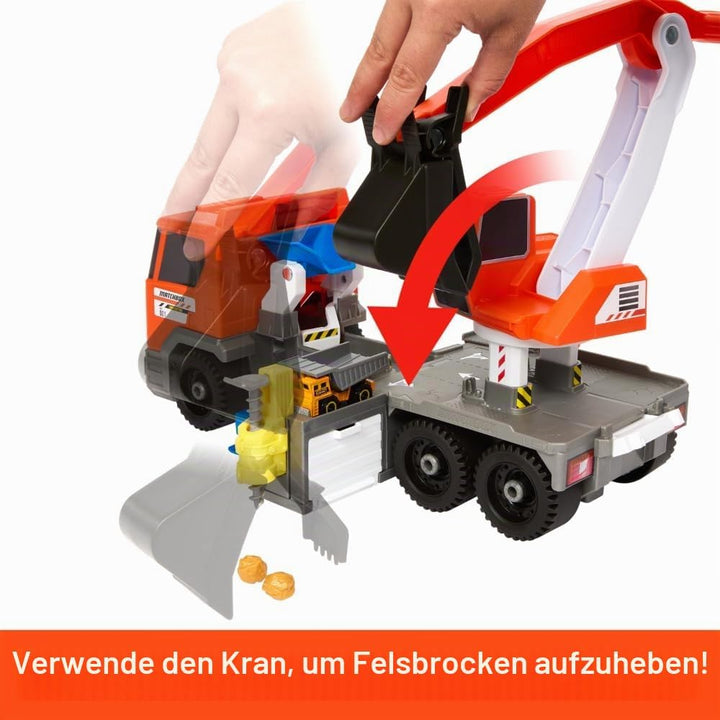 MATCHBOX Action Drivers Transforming Excavator - Spielzeug-Baulastwagen mit Bohrstation, Kran und Fe