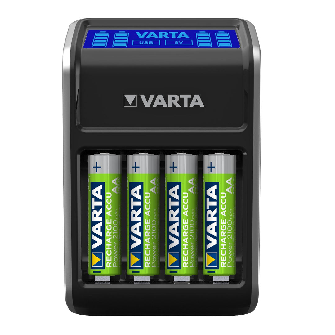 VARTA LCD Plug Ladegerät für AA/AAA/9V und USB-Geräte (inkl. 4x AA 2100 mAh) schwarz LCD Plug Ladege