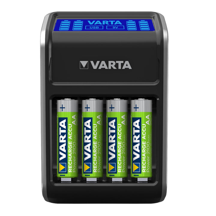 VARTA LCD Plug Ladegerät für AA/AAA/9V und USB-Geräte (inkl. 4x AA 2100 mAh) schwarz LCD Plug Ladege