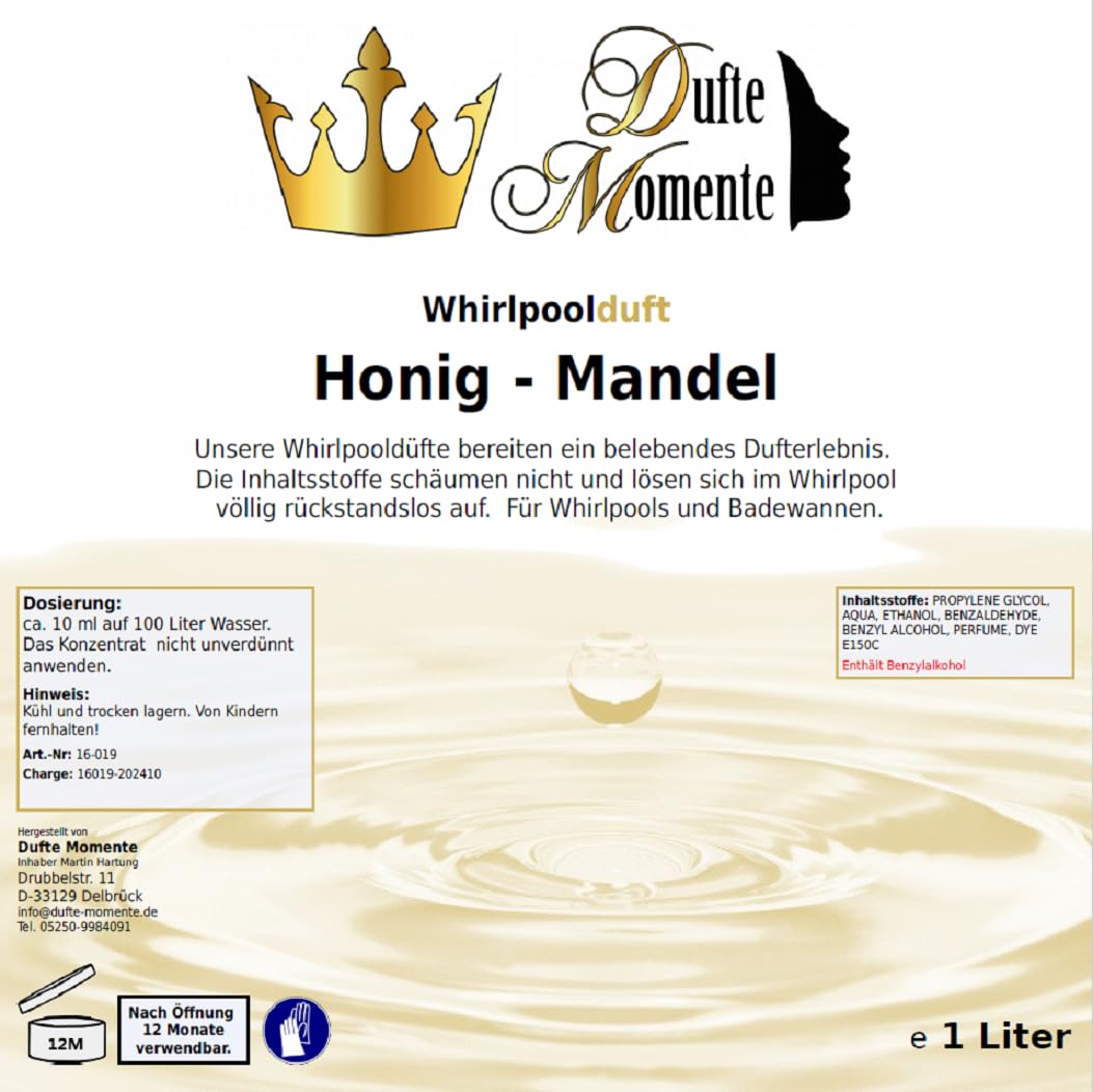 Dufte Momente | Whirlpool Duft 1000ml | Honig - Mandel | mit naturreinen und natürlichen ätherischen