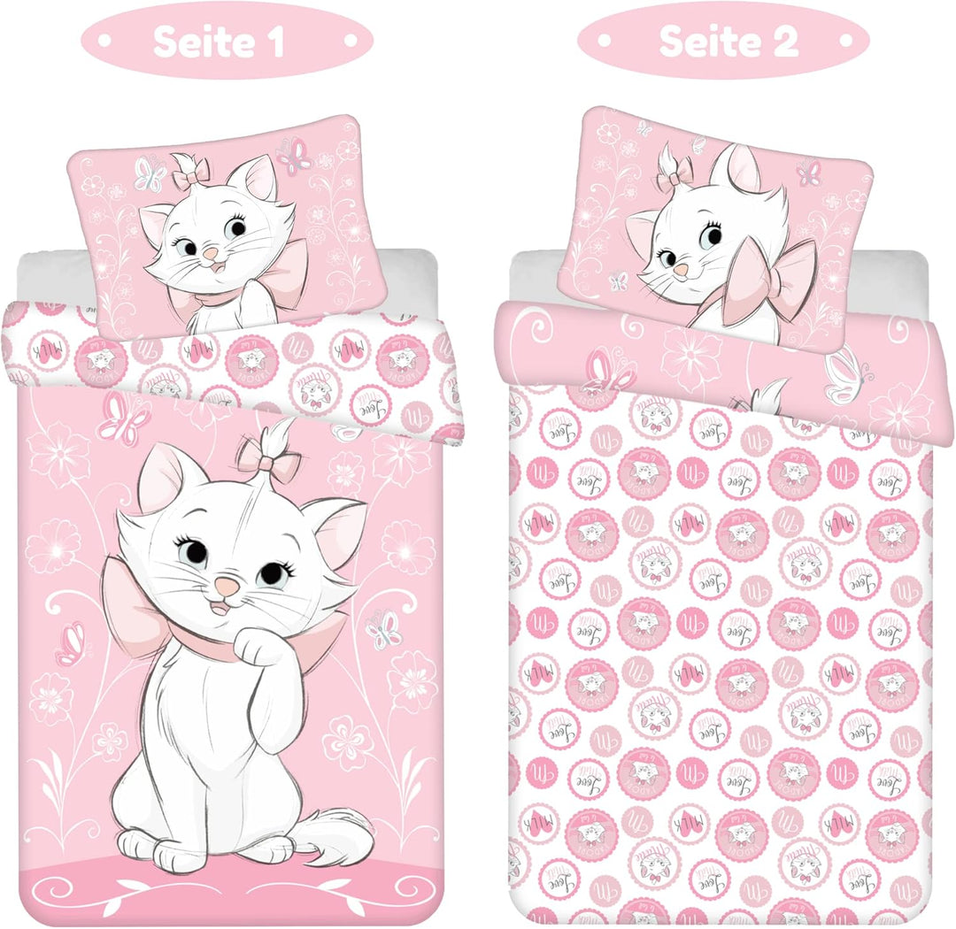 Kinderbettwäsche 100x135 cm Marie Aristocats mit Kissenbezug 40x60 cm, Baby Bettwäsche ideal für 60x
